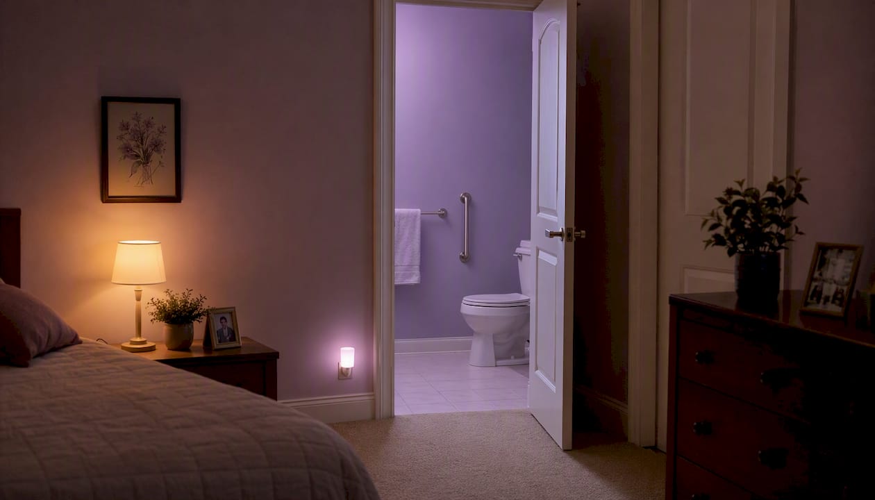 Nighttime bedroom with safety features and clear pathways