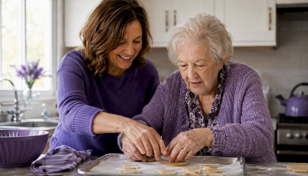 Caregiver and elderly person doing familiar activity