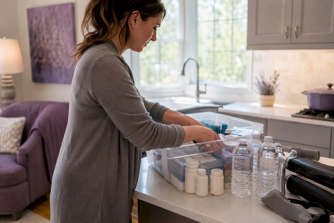 Caregiver arranging emergency supplies on kitchen counter