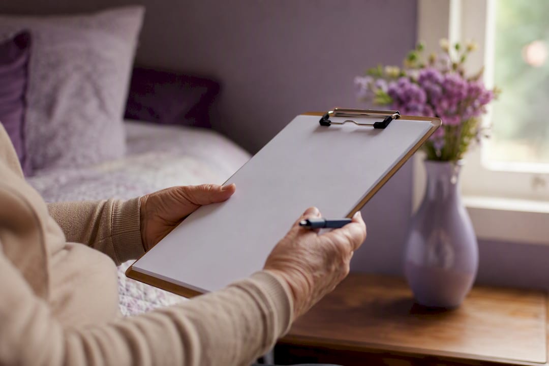 Senior hands holding clipboard ready to write
