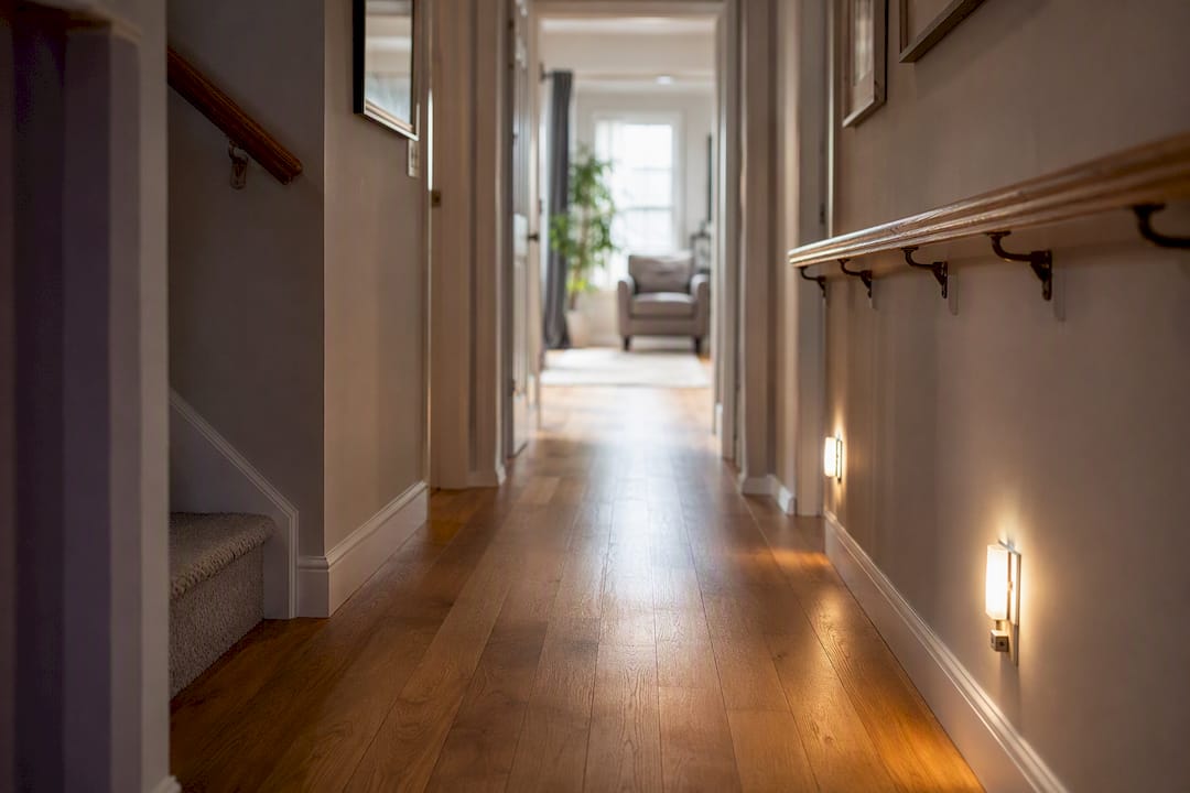 Well-lit hallway with safety handrails and nightlights