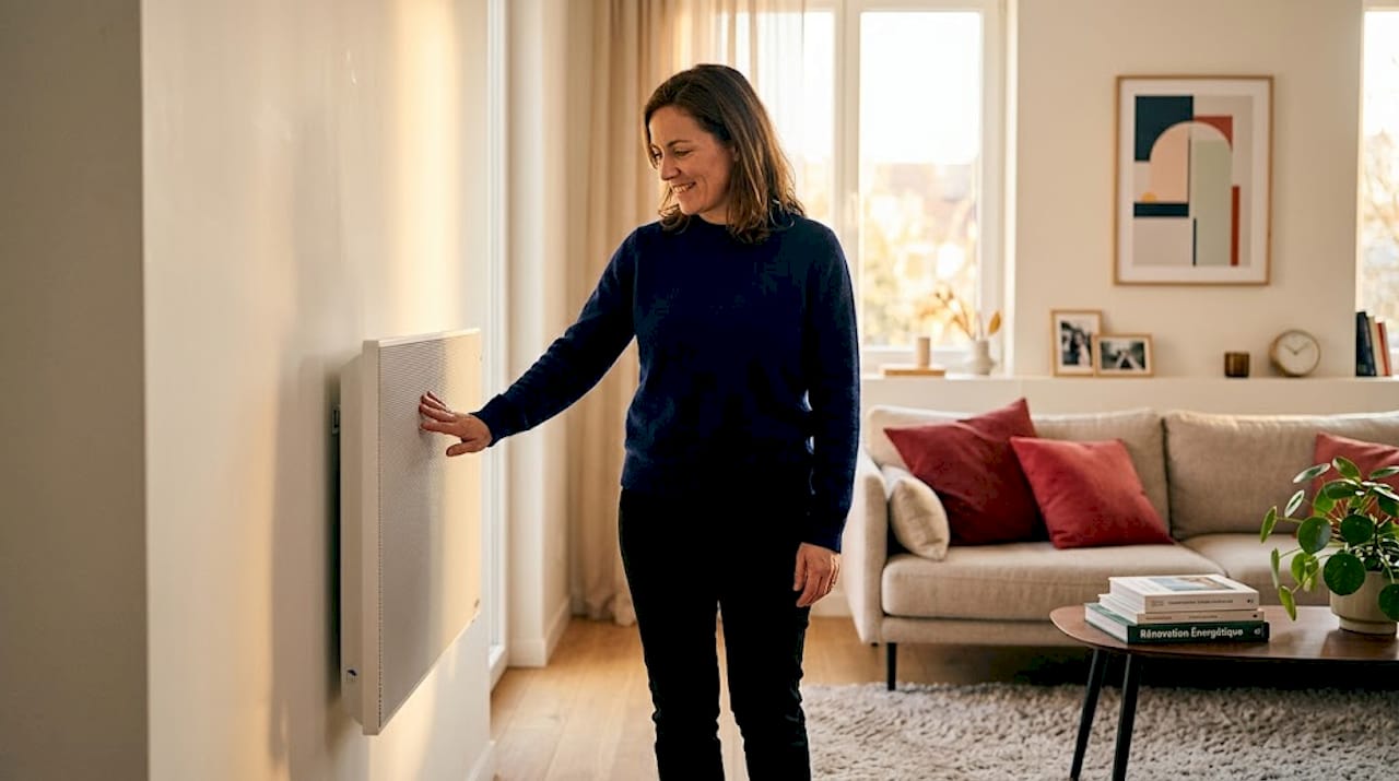 Une femme vérifie la chaleur dégagée par un panneau infrarouge installé sur le mur.