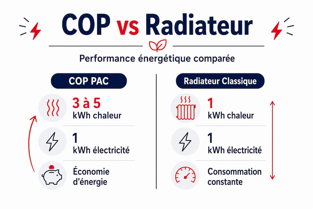 Infographie : comparaison des performances énergétiques entre une pompe à chaleur et un radiateur