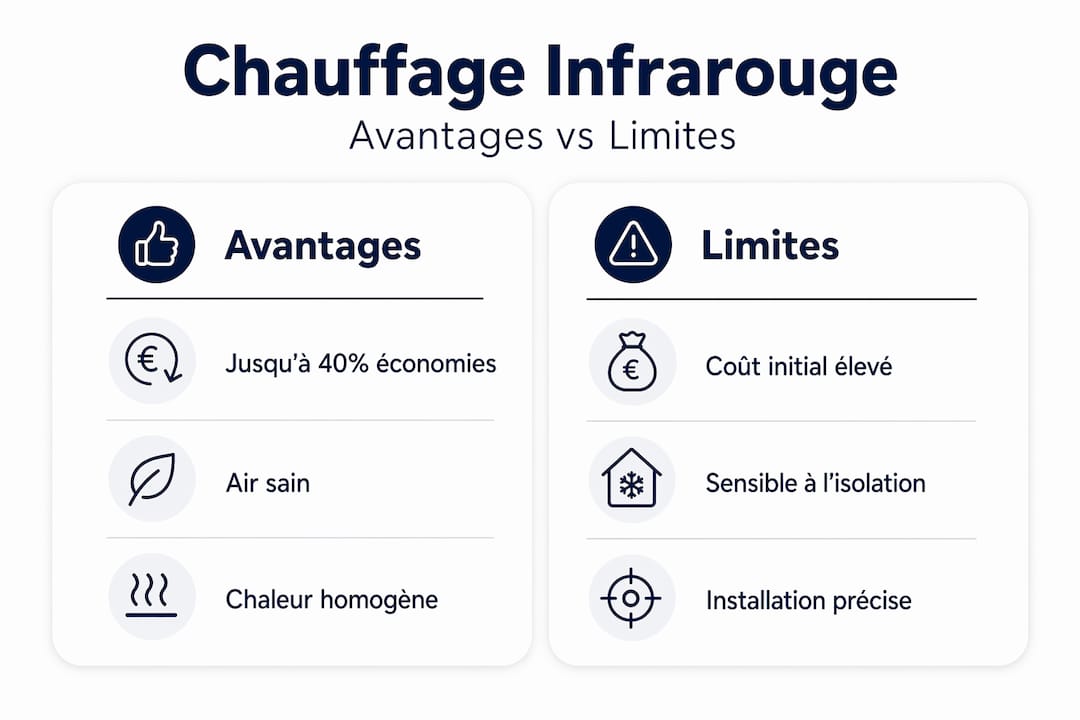 Infographie : points forts et points faibles du chauffage infrarouge