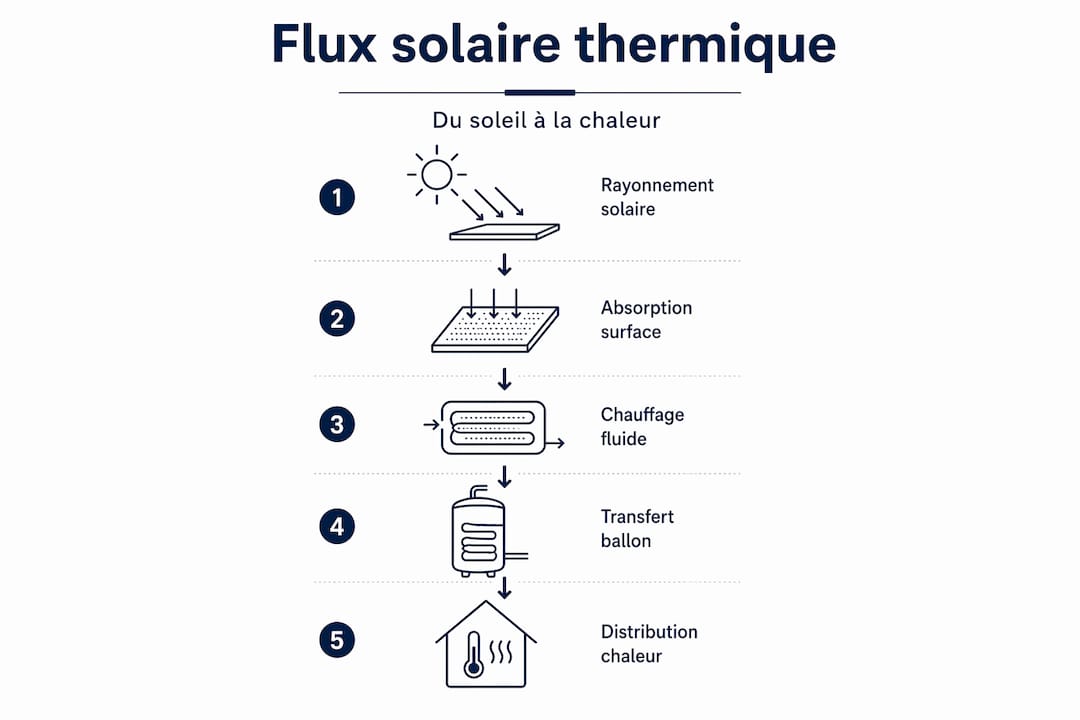 Schéma des différentes étapes de la transformation de l’énergie solaire en chaleur