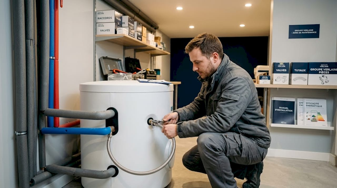 Un technicien procède au réglage des conduits du système de chauffage solaire.