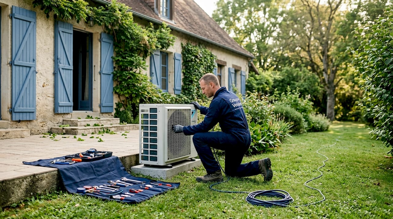 Un professionnel intervient pour installer une pompe à chaleur dans la maison.