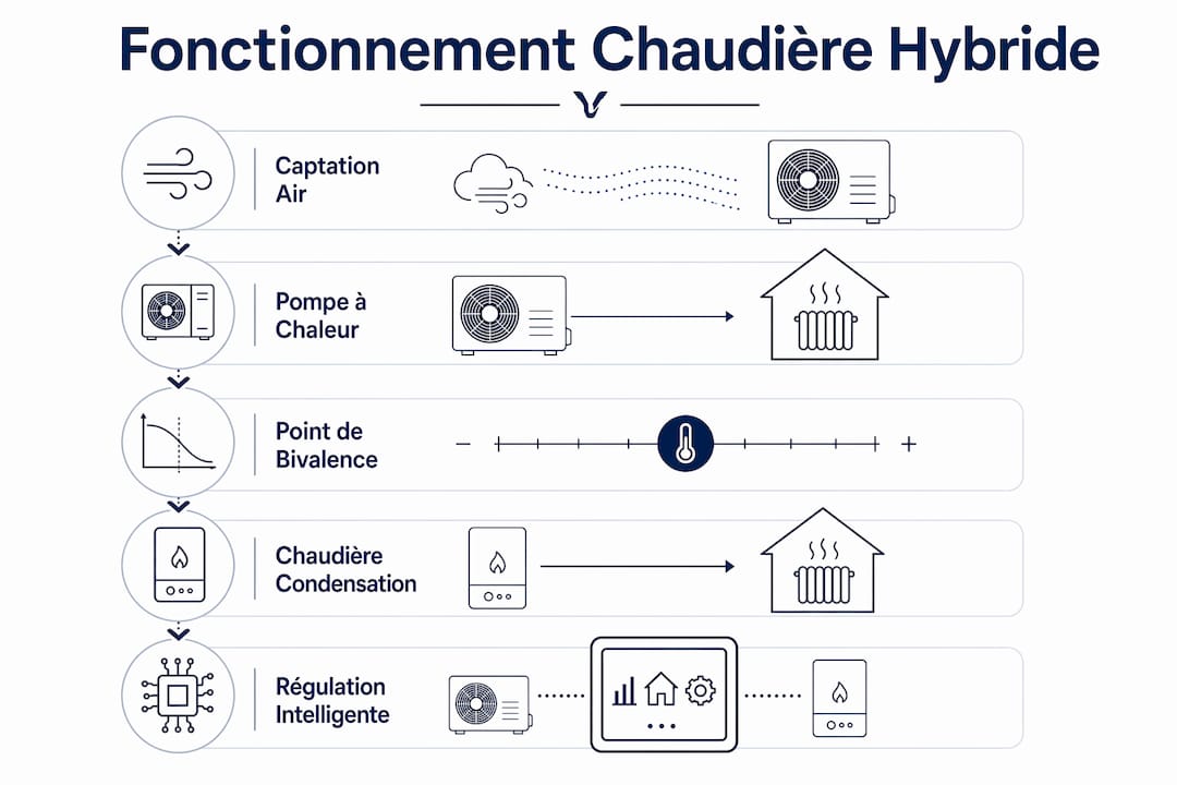 Schéma détaillé présentant le fonctionnement étape par étape d’une chaudière hybride