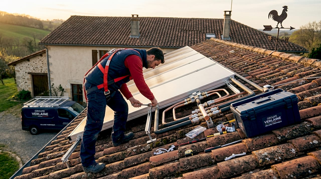 Pose de capteurs solaires thermiques sur le toit