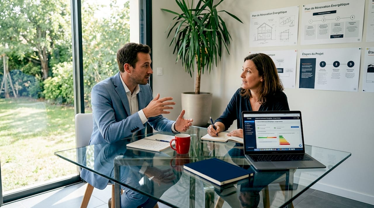 Un expert en rénovation échange avec son client pour définir les besoins du projet.