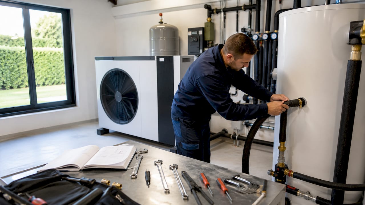Un technicien procède à l'installation d'une pompe à chaleur géothermique à l'intérieur d'une maison.