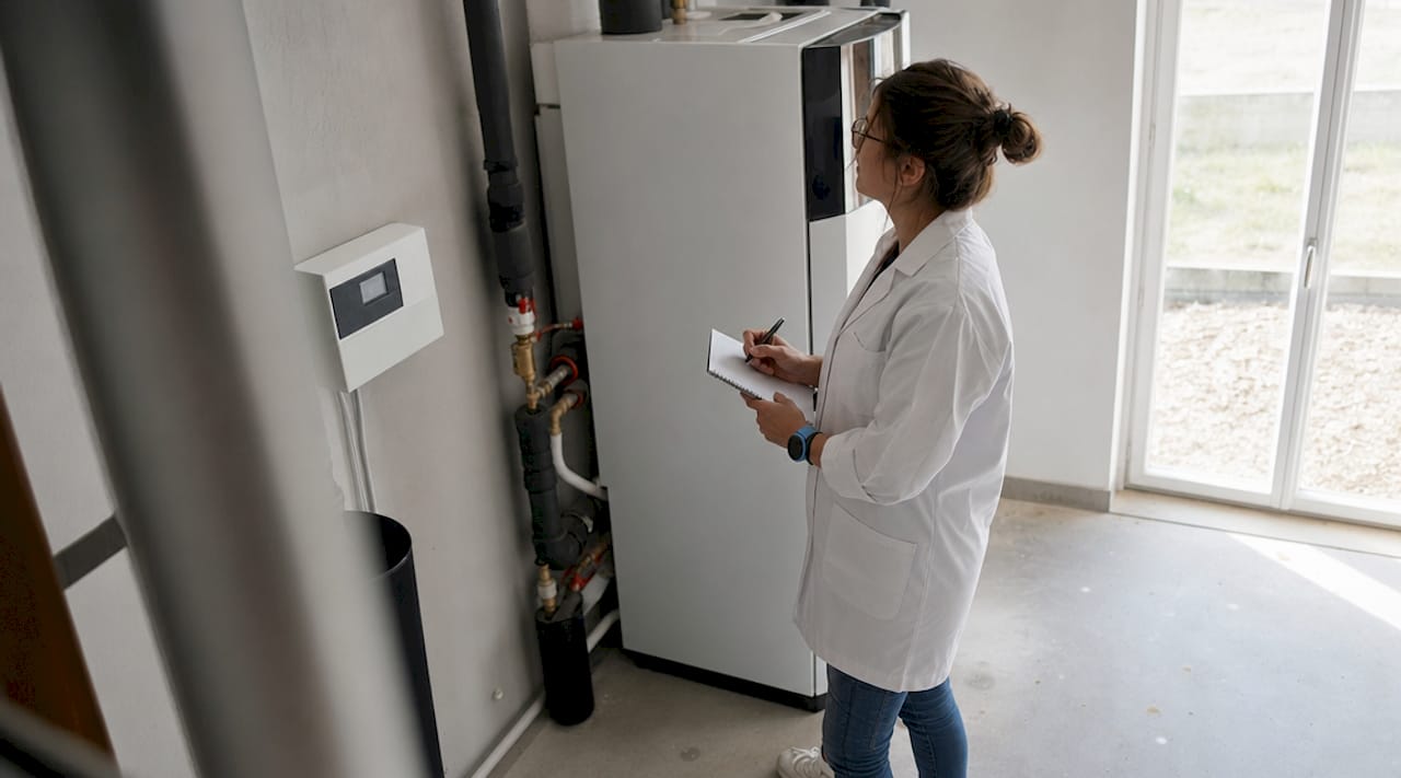 Une technicienne effectue une inspection de la pompe à chaleur dans la salle technique.