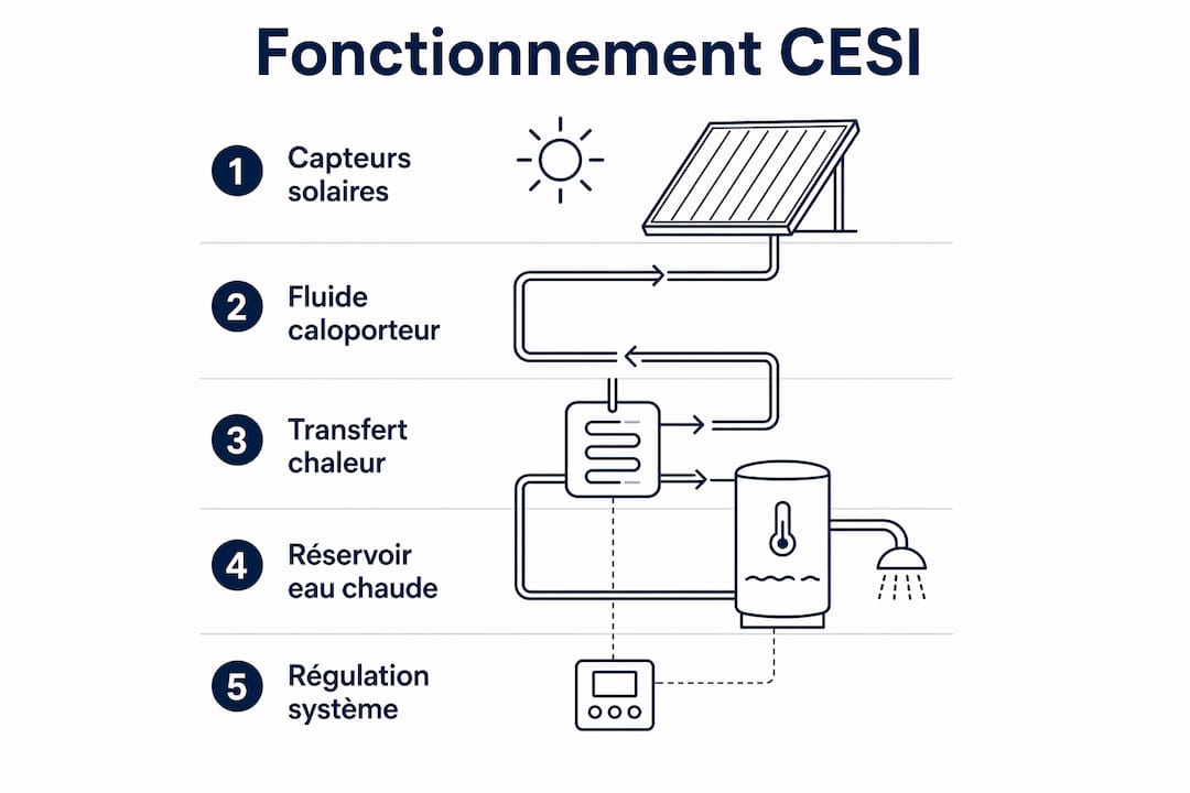 Schéma explicatif du fonctionnement d’un chauffe-eau solaire individuel (CESI) en infographie