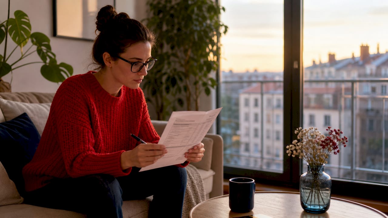 Une personne tient une facture d’électricité dans son appartement.
