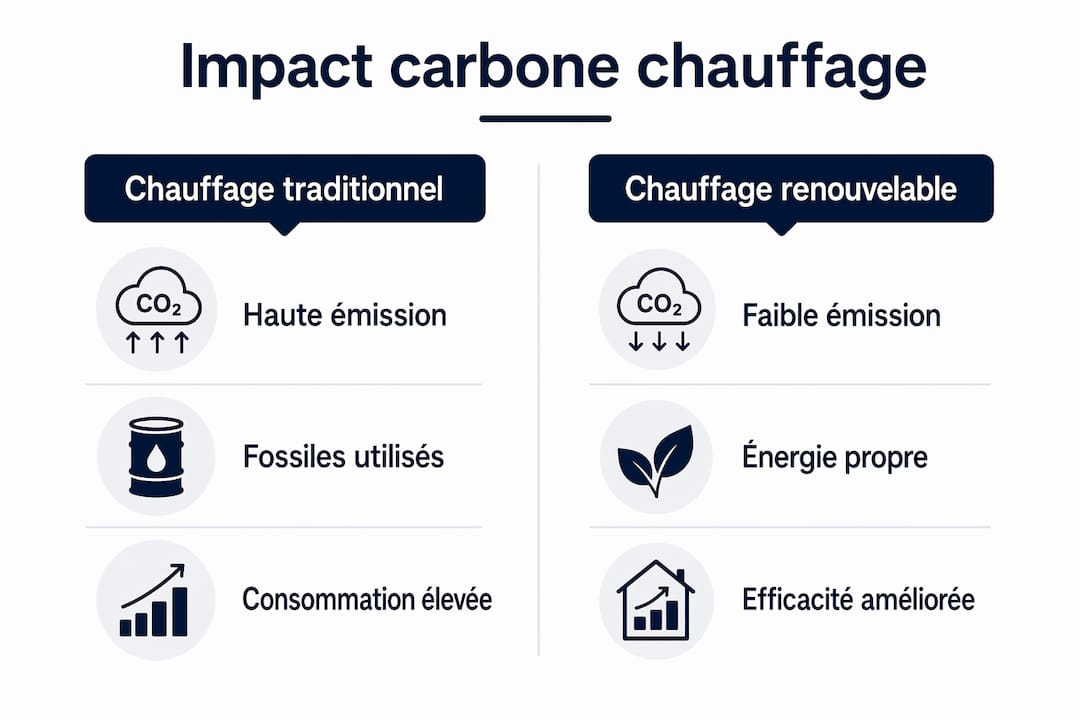 Infographie : Comparatif de l’empreinte carbone des systèmes de chauffage classiques et des solutions renouvelables