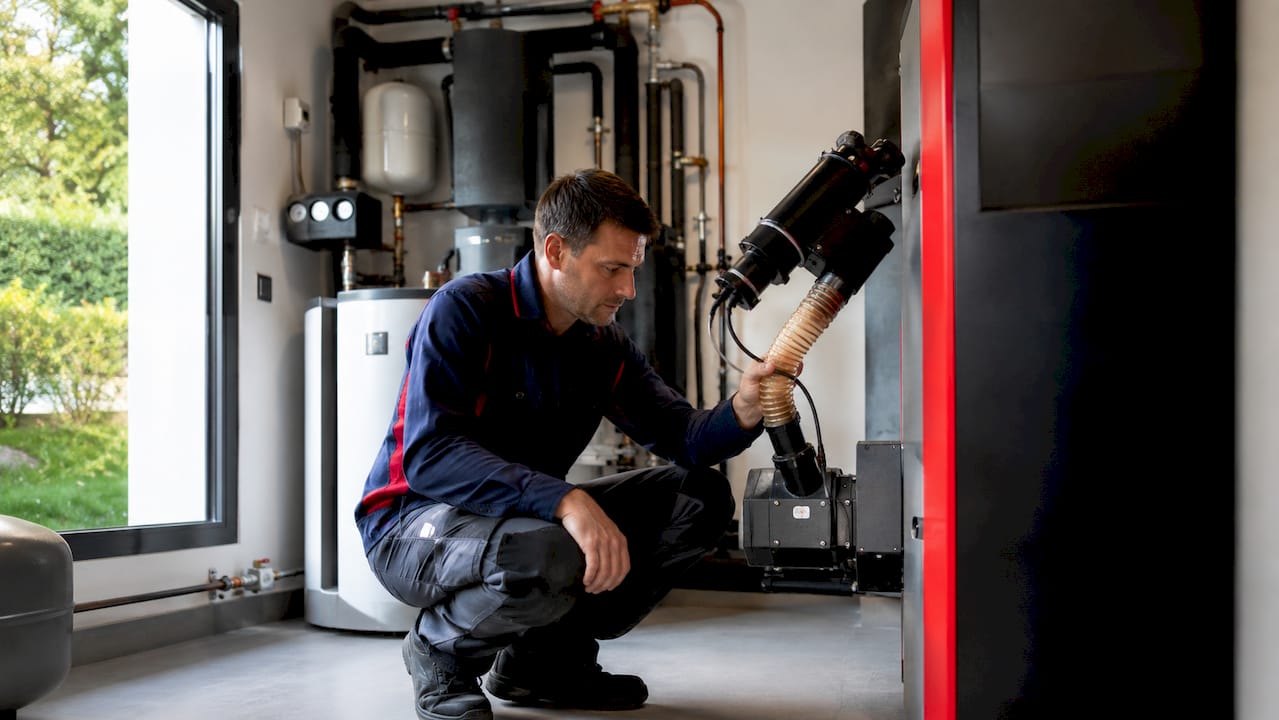 Un technicien en train d’ajuster les réglages d’une chaudière à granulés de bois.