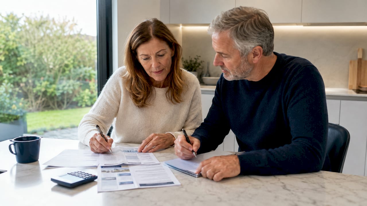 Un couple compare différentes solutions de chauffage dans leur salon.