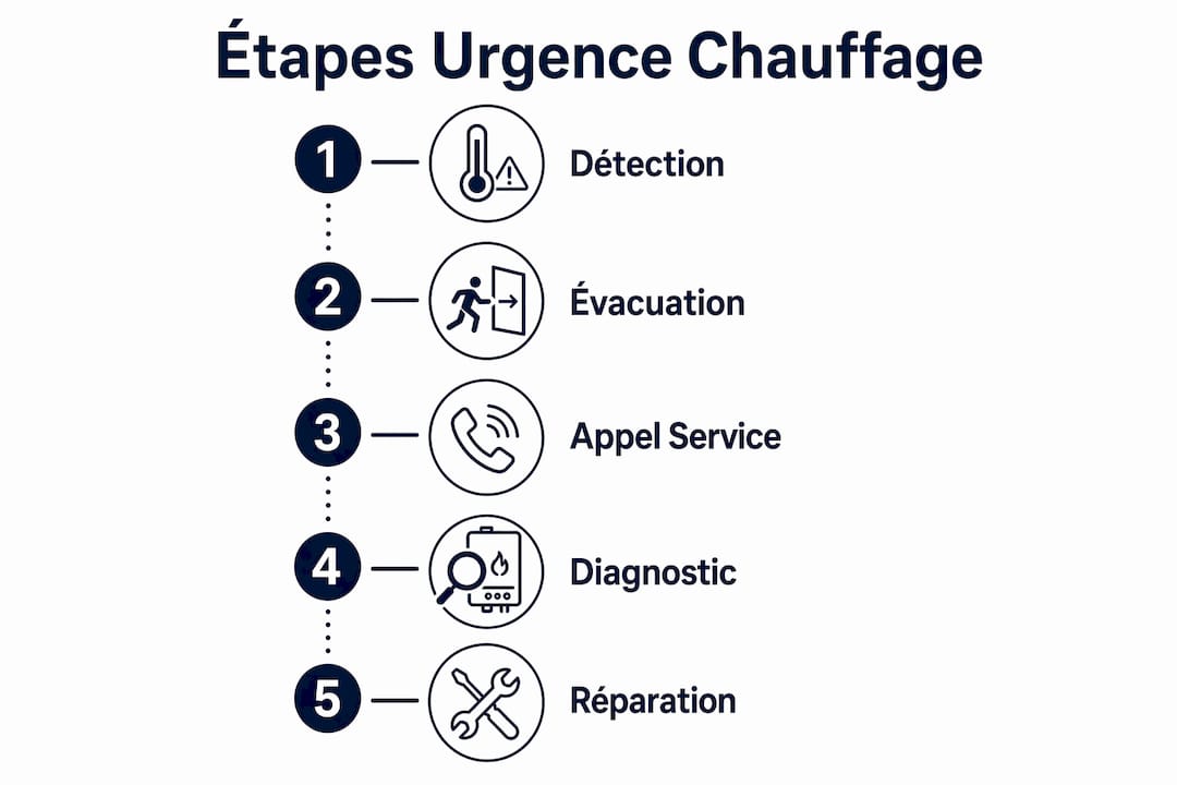 Découvrez, en un coup d’œil, les différentes étapes à suivre en cas de panne de chauffage grâce à notre infographie dédiée à l’intervention d’urgence.