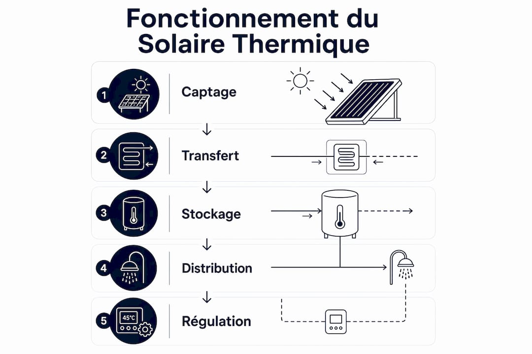 Schéma explicatif : le parcours de l’énergie solaire thermique