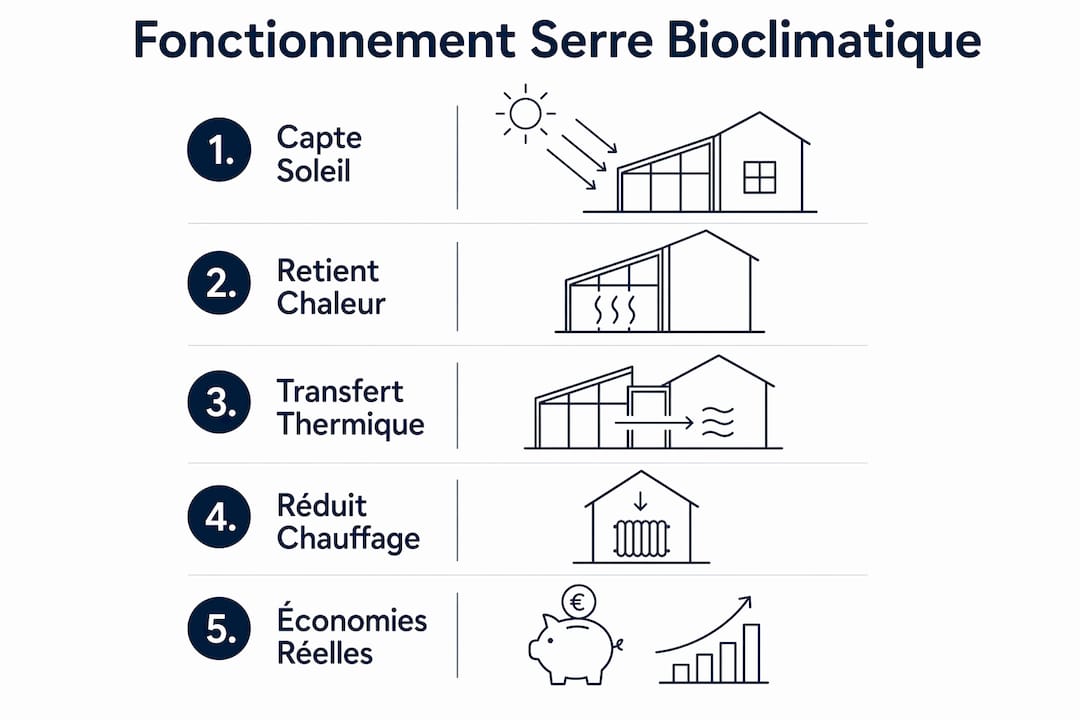 Schéma explicatif : le fonctionnement d’une serre bioclimatique étape par étape
