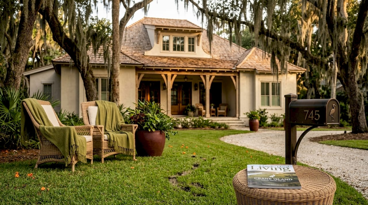 Amelia Island luxury home exterior with porch and oaks