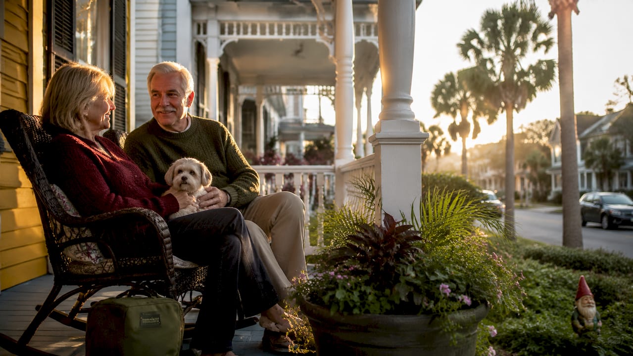Retired couple walking in historic Fernandina Beach neighborhood