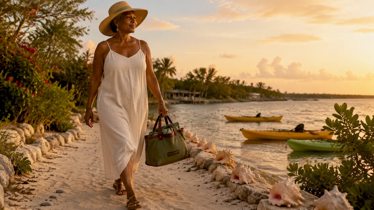 Mature woman walking along waterway path