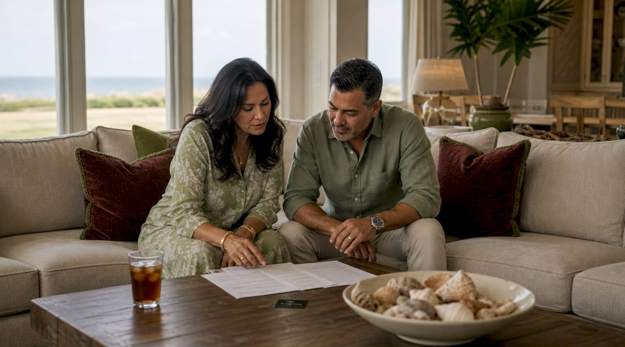 Couple reviewing luxury home with ocean view