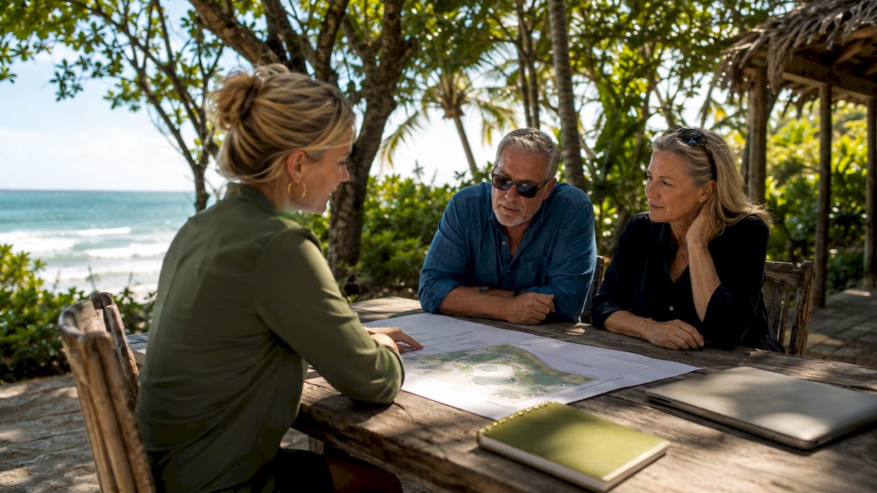 Couple and agent reviewing island homesite blueprint outdoors