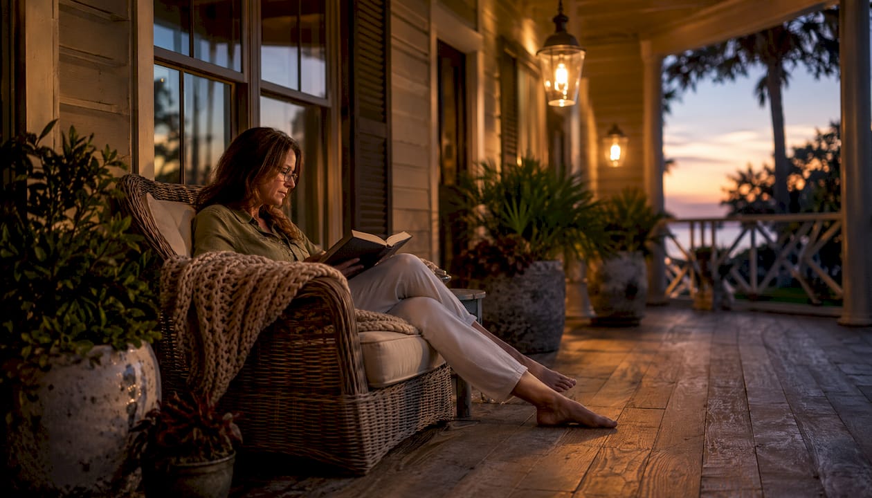 Warm inviting Lowcountry coastal porch with woman reading