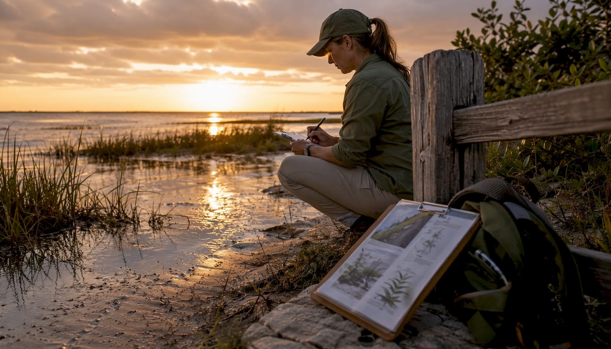 Conservationist inspecting coastal marsh habitat at dawn