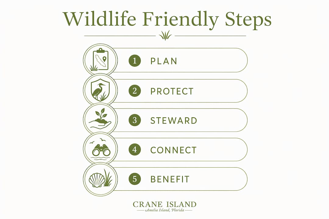 Infographic showing 5 steps of wildlife friendly neighborhood process