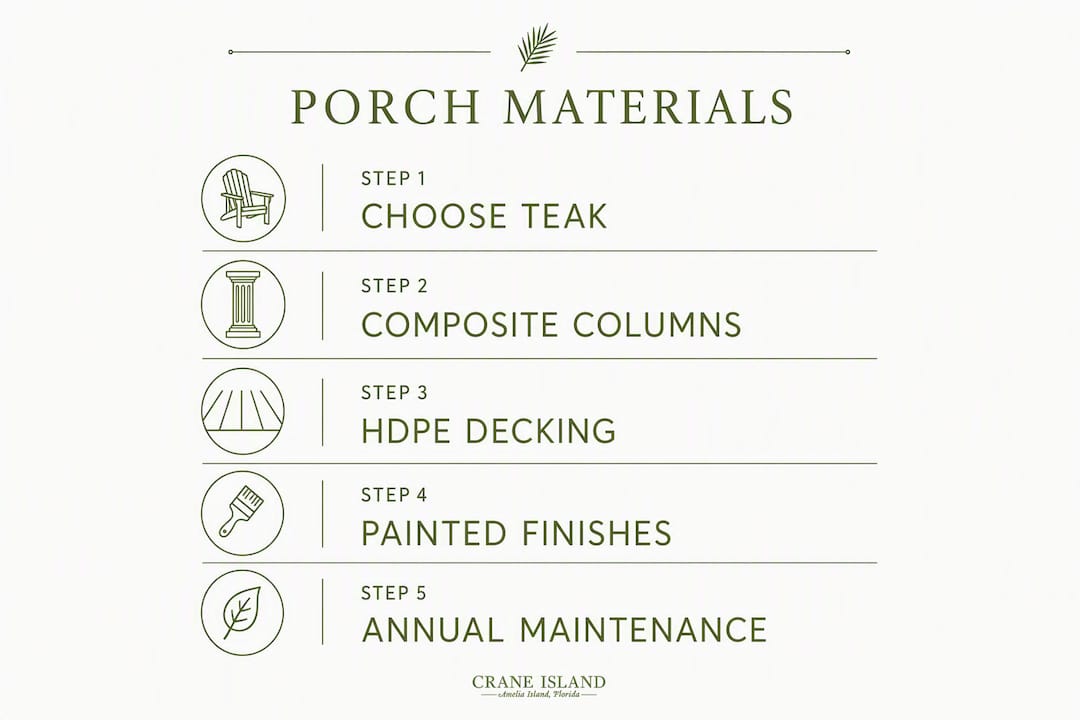 Infographic showing key materials for luxury coastal porch durability