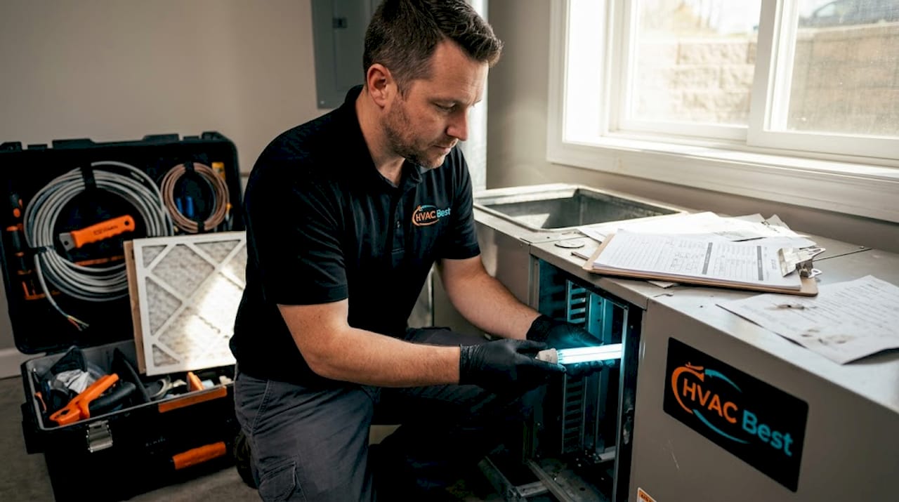 Technician replacing UV bulb in HVAC air handler