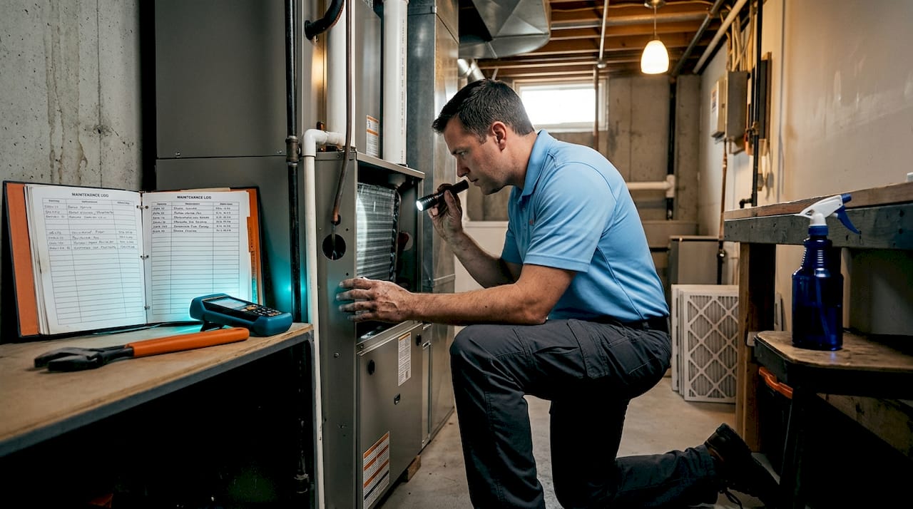 HVAC tech inspects indoor air handler