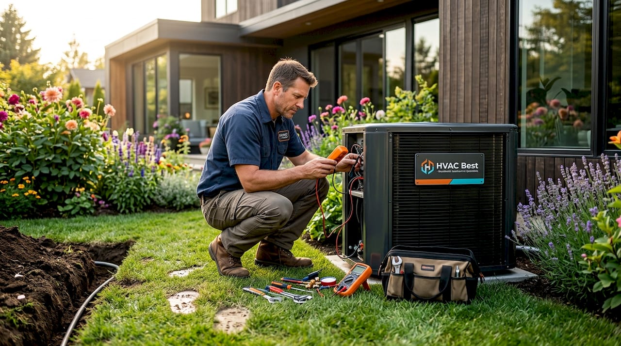 Technician inspecting geothermal heat pump unit