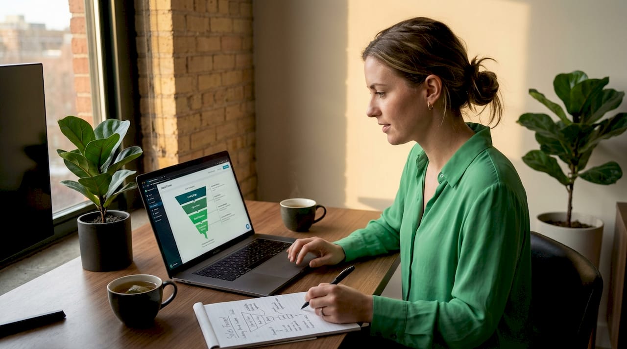 Marketer creating solo ads funnel at coworking desk