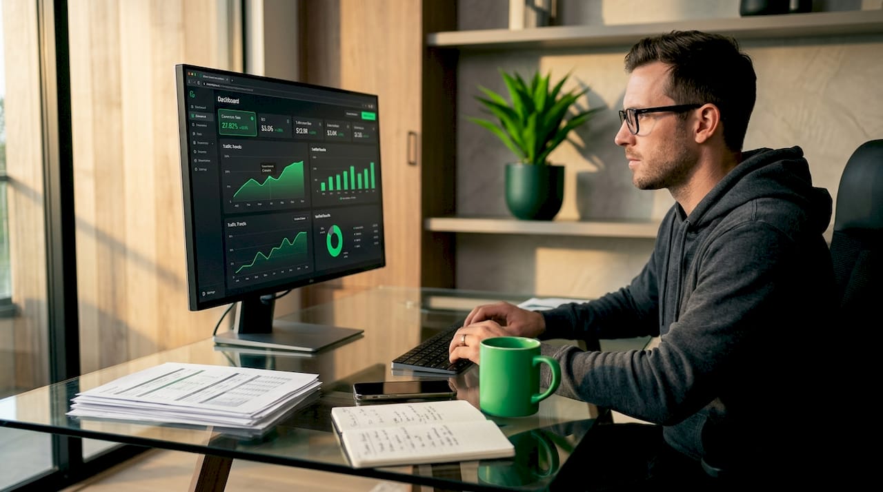 Affiliate marketer reviewing analytics at home office
