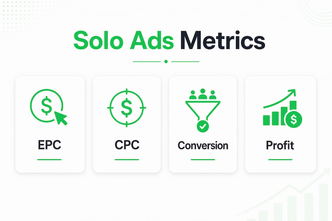 Infographic showing key solo ads affiliate marketing metrics