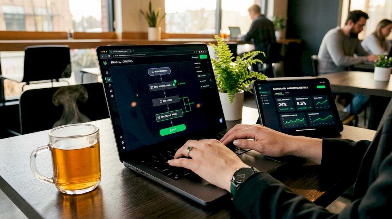 Hands typing email automation sequence on laptop