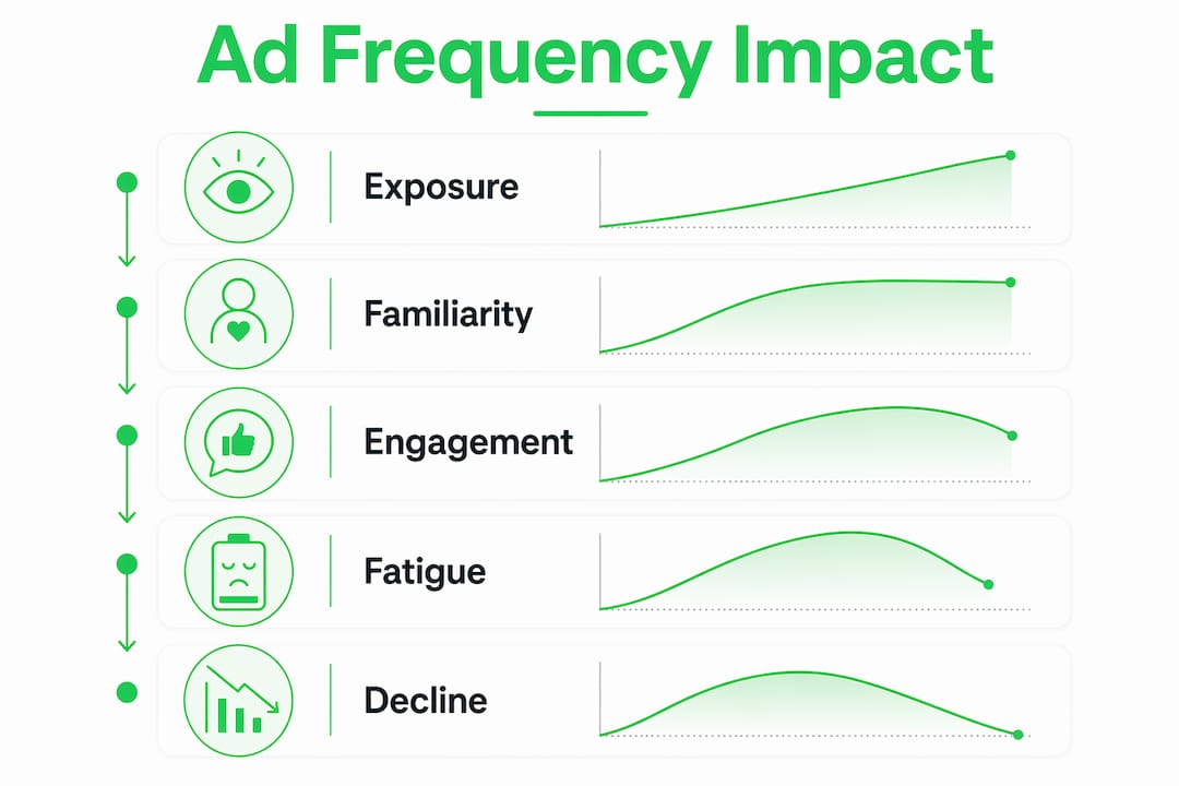 Infographic illustrating stages of ad frequency impact on conversions