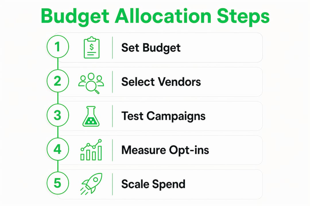 Infographic illustrating steps to allocate solo ads budget