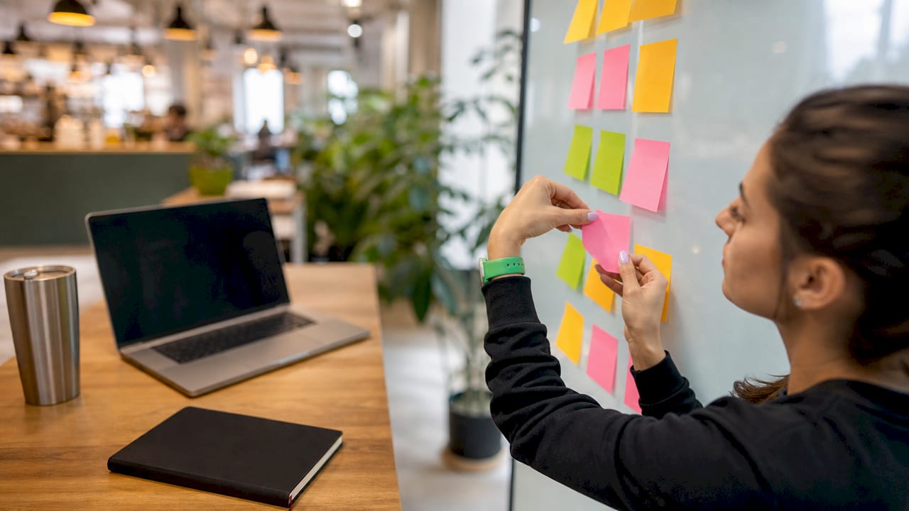 Hands arranging sticky notes for funnel stages