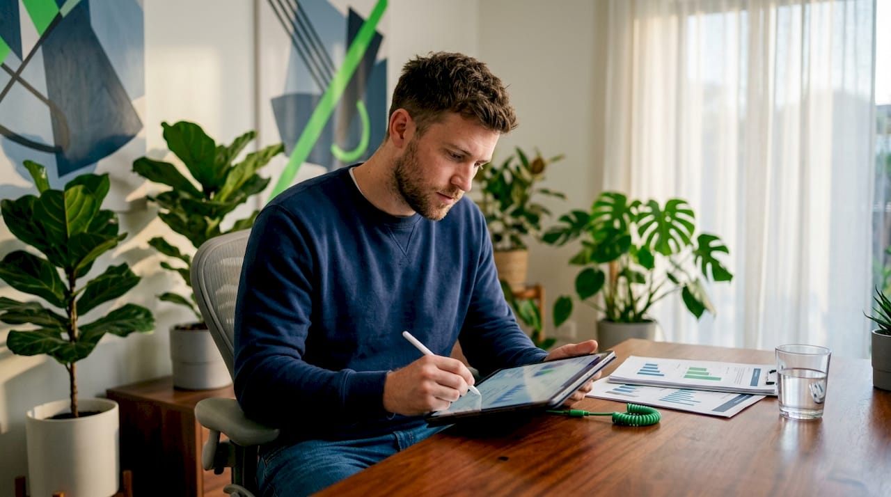 Marketer’s hands navigating affiliate traffic segments on tablet
