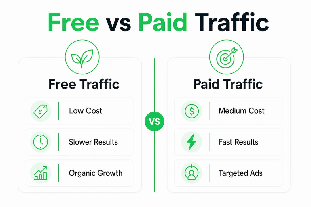 Comparison infographic of free versus paid affiliate marketing traffic