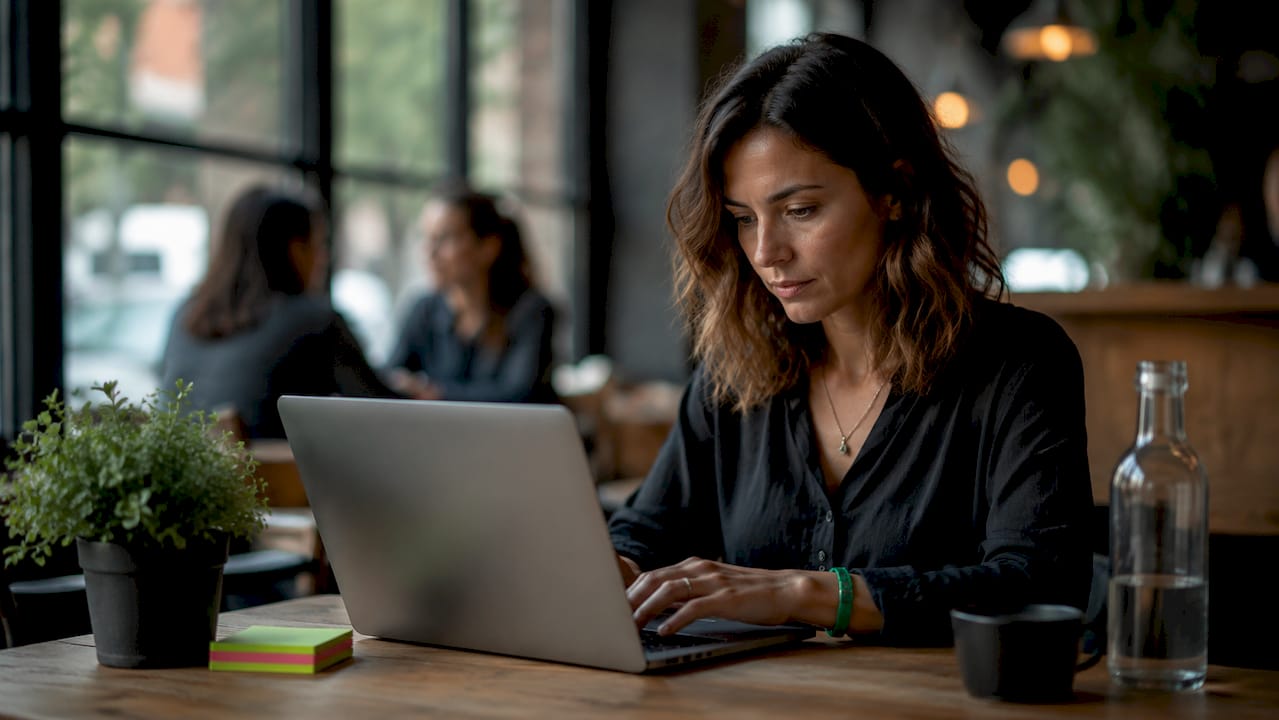 Hands typing on laptop in coworking space
