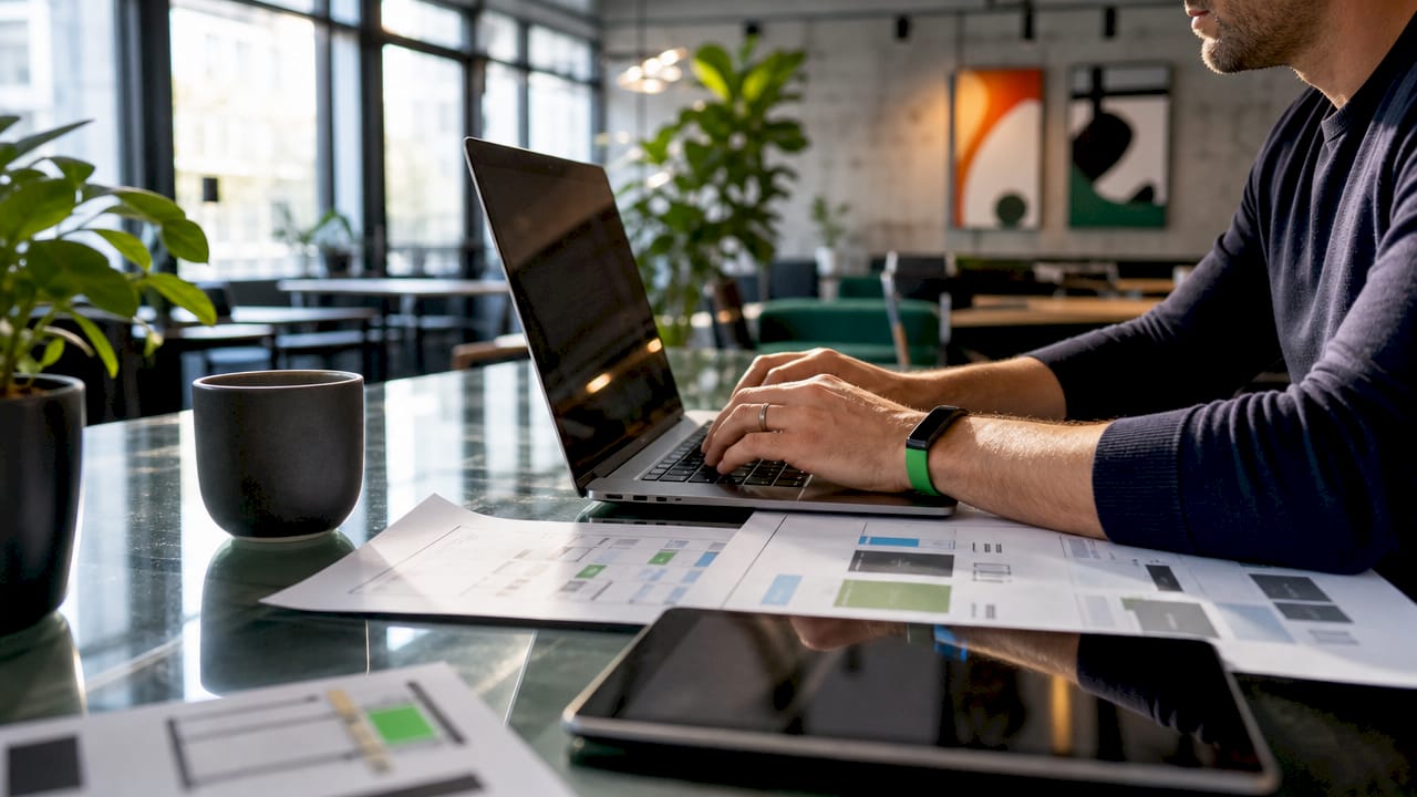 Hands typing landing page designs on laptop keyboard