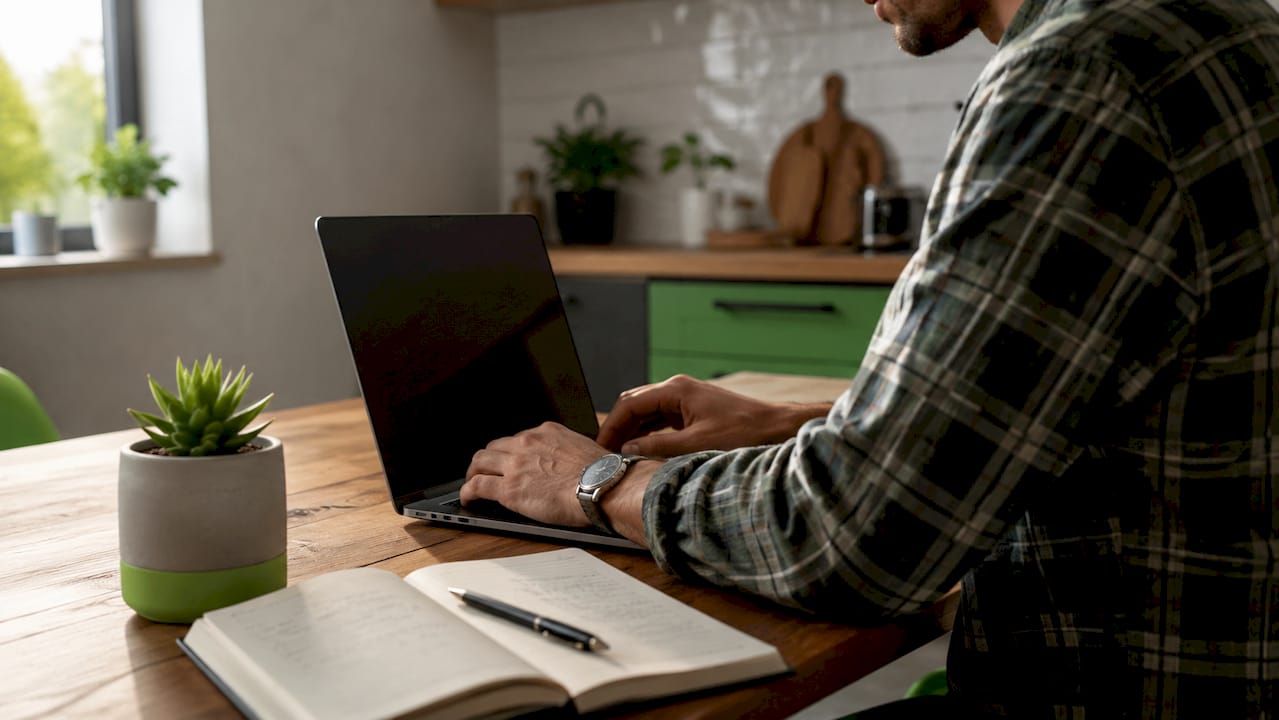 Hands typing on keyboard in home office