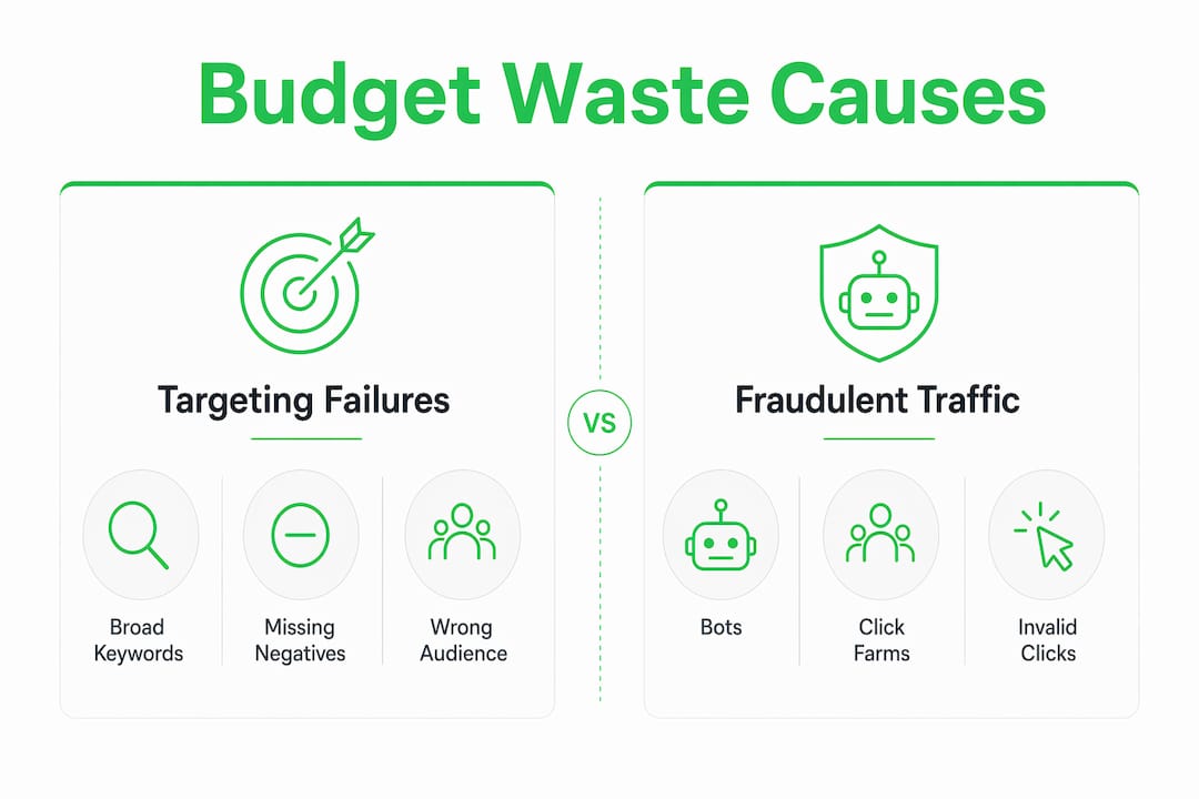 Infographic comparing causes of ad budget waste