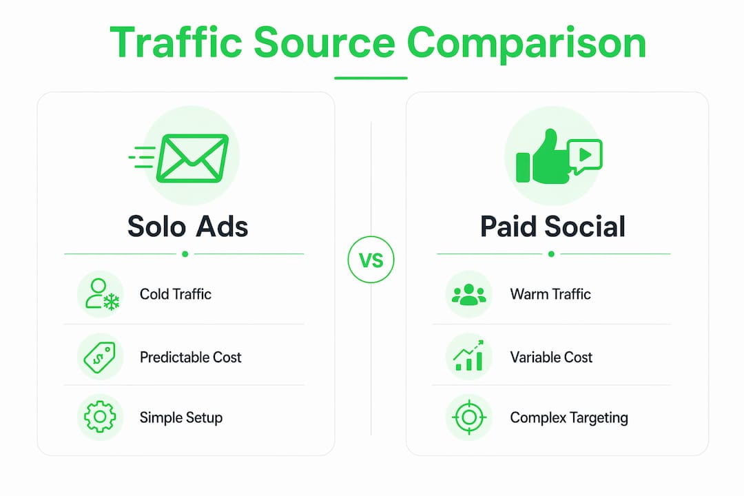Infographic comparing solo ads and paid social traffic sources